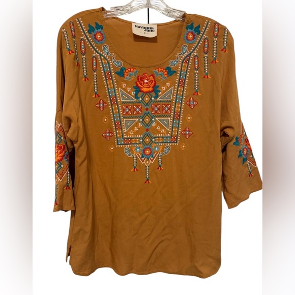 Savanna Jane Tops - Savanna Jane Women S Blouse Brown Orange Embroidery Western Boho Tassel Top